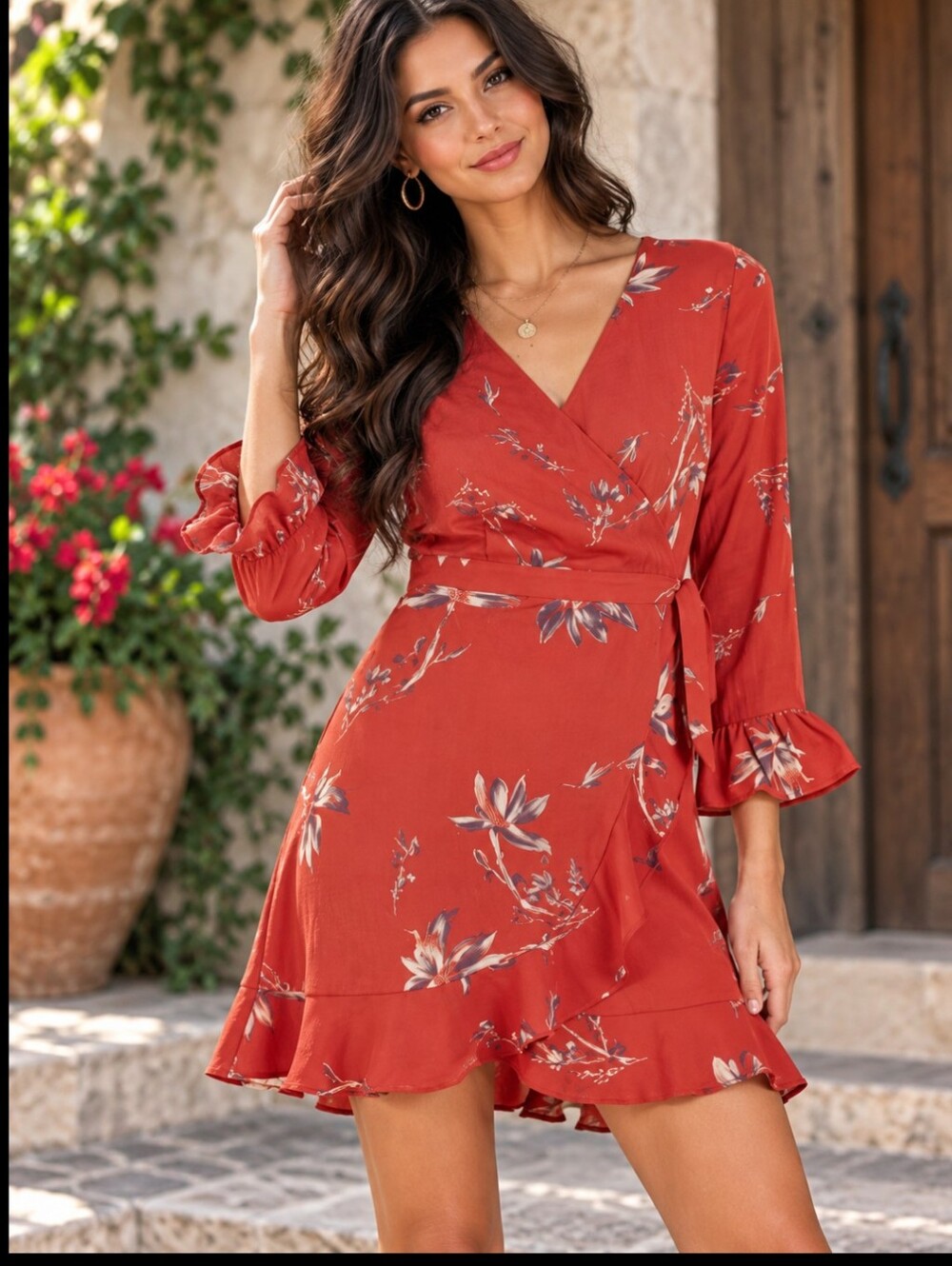 Red Floral Dress Ruffled Wrap Side Tie 3/4 Bell Sleeves Fairycore V Neck Sz S